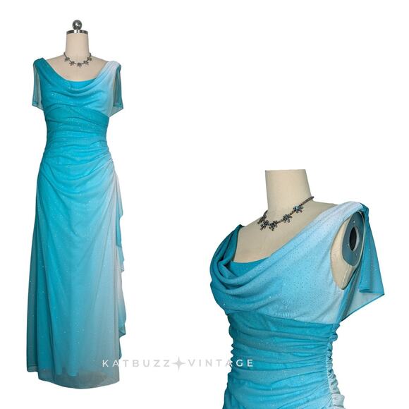 Betsy & Adam Prom Dress Maxi Gown 12 Blue Ruffle Y2K Fairy Ombre Cowl Empire - Picture 1 of 11